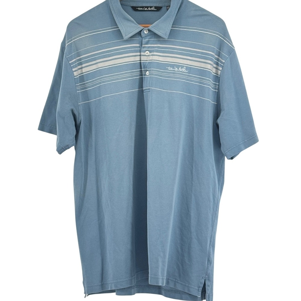 Travis Mathew Mens XXL Blue Striped Short Sleeve‎ Golf Polo Shirt Cotton Blend